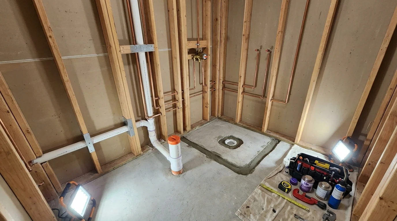 Bathroom rough-in plumbing during remodel by Johns Plumbing LLC in Ronan