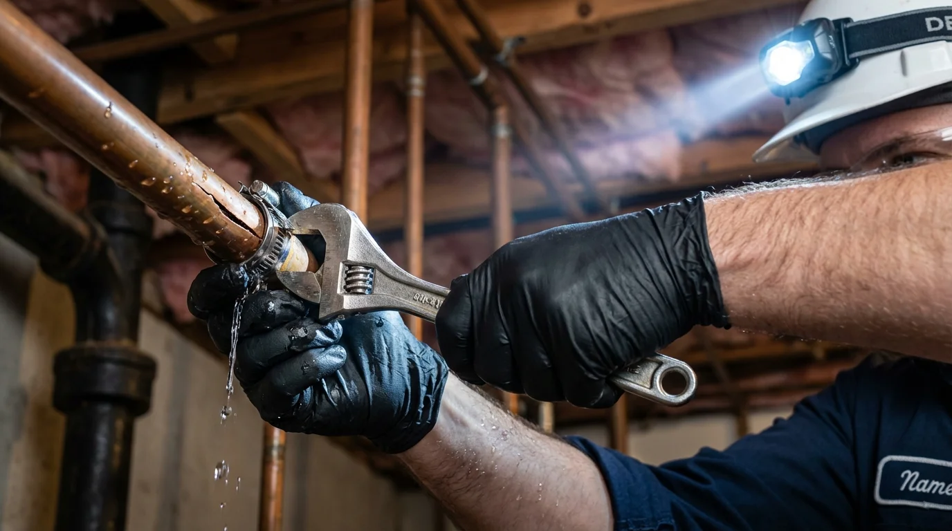 Emergency pipe clamp repair being performed by a Johns Plumbing LLC plumber in Ronan