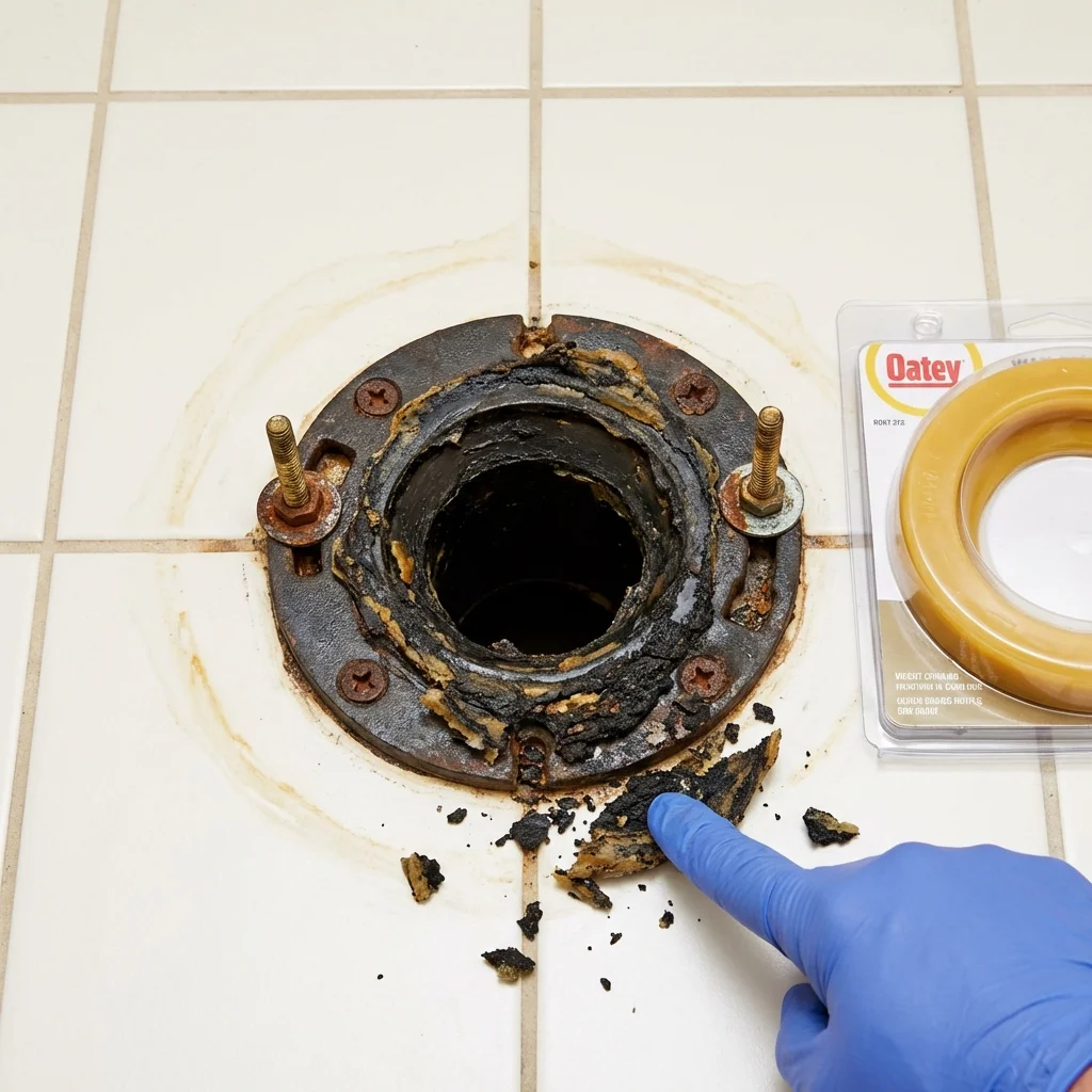 Failed wax ring showing water seepage at the base of a toilet in a Ronan, MT home