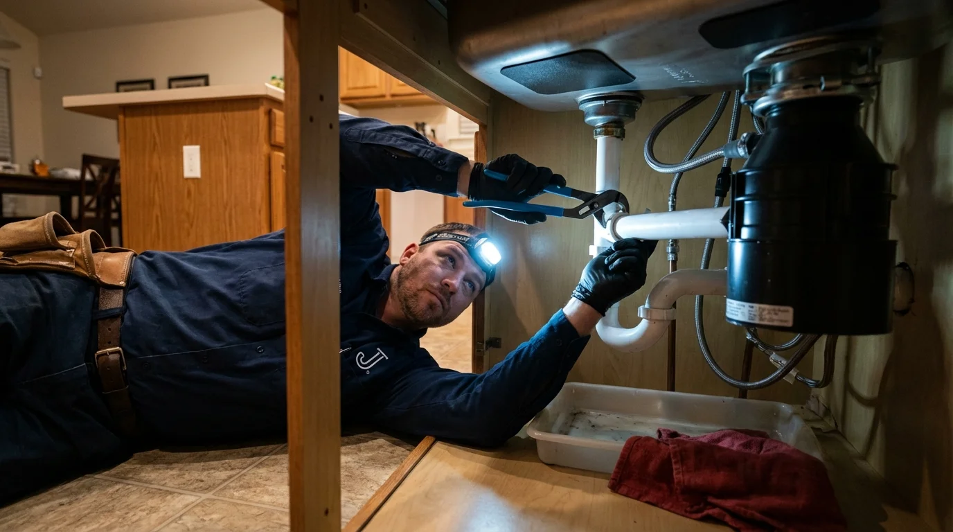 P-trap and supply line connections under a kitchen sink showing a common leak point in Ronan, MT
